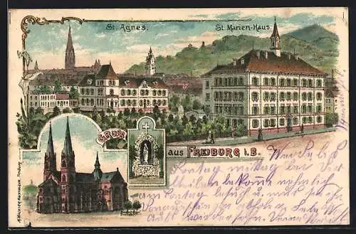 Lithographie Freiburg i. B., Ortspartie mit St. Agnes und St. Marien-Haus, Johannes-Kirche
