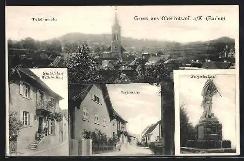 AK Oberrotweil a. K., Geschäftshaus v. Wilhelm Kurz, Kriegerdenkmal, Hauptstrasse
