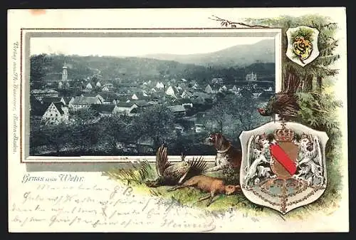 Passepartout-Lithographie Wehr / Baden, Panorama mit Wappen