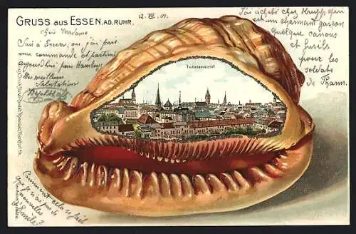 Passepartout-Lithographie Essen a. d. Ruhr, Totalansicht mit Kirche in einer Muschel
