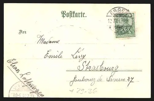 Passepartout-Lithographie Essen a. d. Ruhr, Totalansicht mit Kirche in einer Muschel