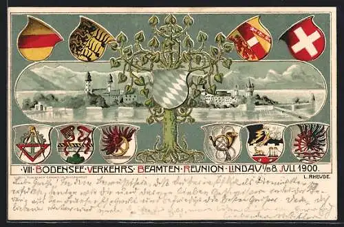 Passepartout-Lithographie Lindau i. B., VIII. Bodensee Verkehrs Beamten Reunion 1900 mit Wappen
