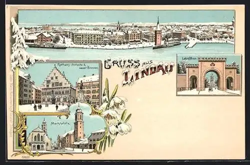 Winter-Lithographie Lindau / Bodensee, Rathaus-Südseite & neuer Brunnen, Landtor, Marktplatz