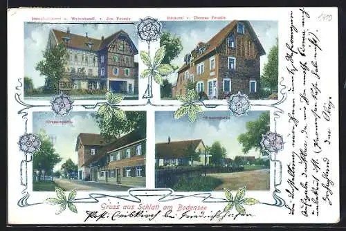 AK Schlatt / Bodensee, Bäckerei v. Thomas Feustle, Dampfmolkerei & Warenhandlung v. Jos. Feustle, Strassenpartie