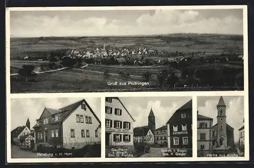 AK Pülfringen, Gasthaus zum Hirsch u. Gasthaus zum Engel, Handlung von H. Horn, Kirche