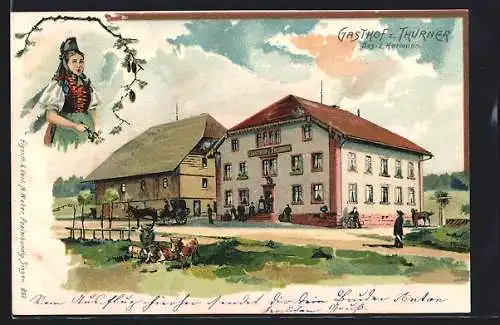 Lithographie St. Märgen, Ansicht vom Gasthof z. Thurner, Besitzer: L. Hermann