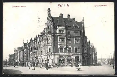 AK Hof i. B., Delikatessengeschäft Hans Meyer Ecke Bahnhofstrasse und Sophienstrasse