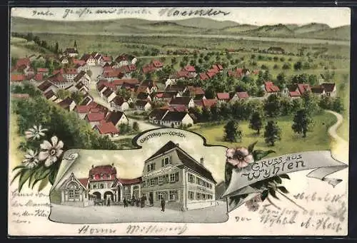 Lithographie Wyhlen, Gasthaus zum Ochsen, Teilansicht mit Strassenpartie