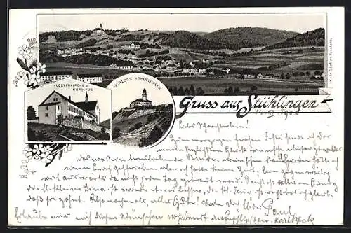 Lithographie Stühlingen, Panorama, Schloss Hohenlupfen & Klosterkirche mit Kurhaus