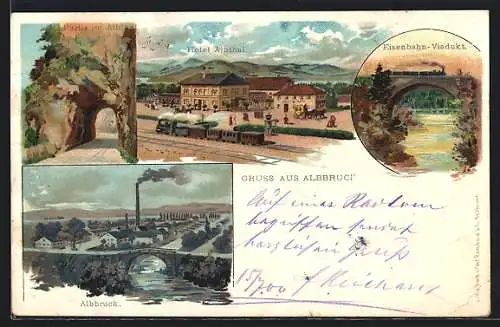 Lithographie Albbruck, Eisenbahnviadukt, Hotel Albthal, Partie im Albthal