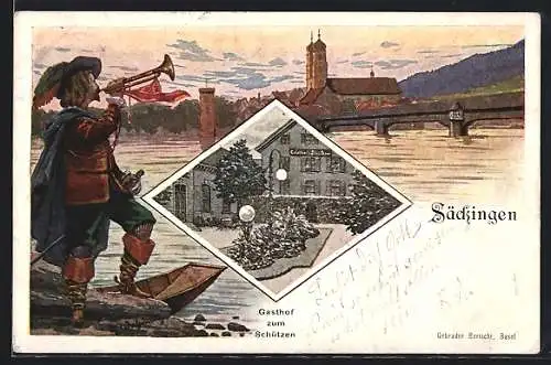 Lithographie Säckingen, Uferpartie, Mann mit Trompete, Gasthof zum Schützen