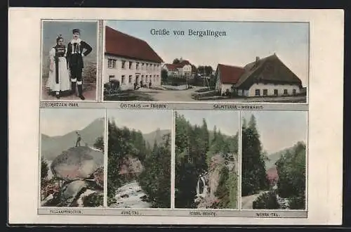 AK Bergalingen, Gasthaus zum Frieden, Salpeterer-Wohnhaus, Hotzen-Paar in Tracht, Pelzkappenstein, Murg-Tal