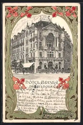 Lithographie Düsseldorf, Das Hotel Bristol im Eckhaus, florales Passepartout