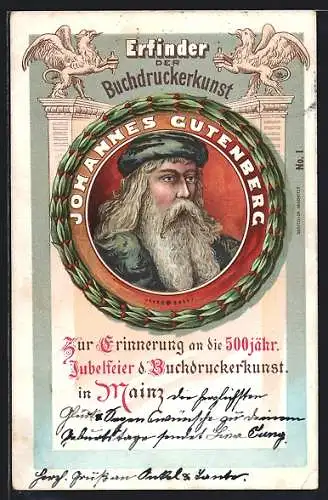 AK Porträt Johannes Gutenberg, Erfinder des modernen Buchdruckes