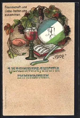 AK Emmendingen, Studentenwappen der Vereinigung Amicitia, mit Notenbuch und einem Glas Wein