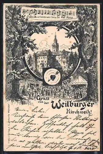 AK Weilburg, Volksfest Weilburger Kirchweih, Ansicht vom Schloss