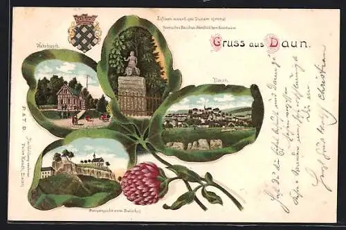 Passepartout-Lithographie Daun, Burgansicht vom Bahnhof, Wehrbüsch, Ortsansicht auf Kleeblatt