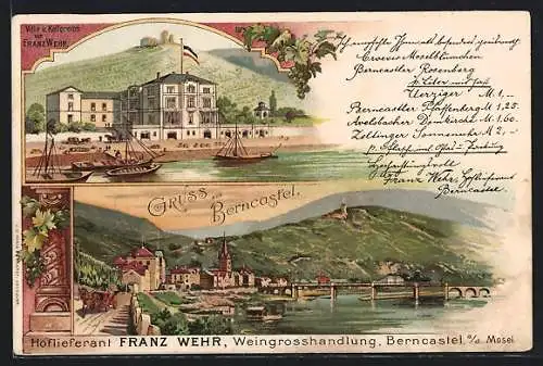 Lithographie Berncastel a. d. Mosel, Villa und Kellerei von Franz Wehr, Ortsansicht