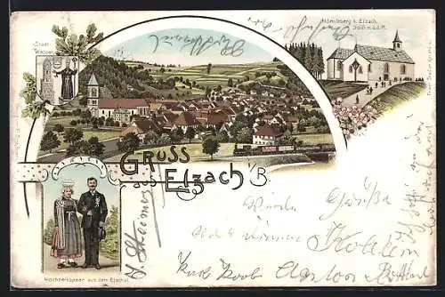 Lithographie Elzach i. B., Hörnleberg mit Kirche, Hochzeitspaar aus dem Elzthal