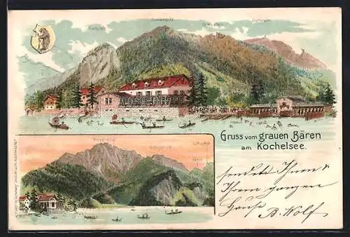 Lithographie Kochelsee, Hotel Grauer Bär mit Kienstein, Sonnenspitz, Gemsstein und Jocheralm