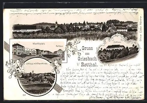 Lithographie Griesbach / Rottal, Marktplatz mit Rathaus, Schloss mit Pfarrkirche, Ortsansicht