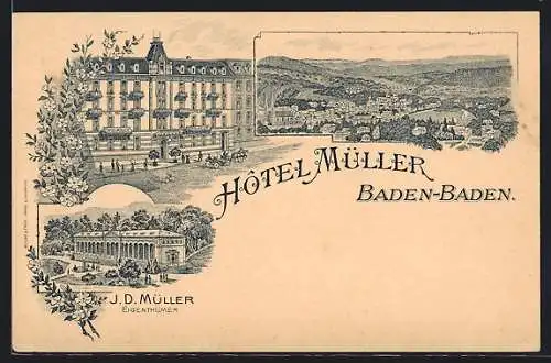Lithographie Baden-Baden, Hotel Müller, Ortsansicht aus der Vogelschau