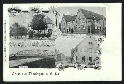AK Theningen a. d. Elz, Gasthaus zum Ochsen, Haus von Kaufmann Stehle, Kirche mit Pfarrhaus