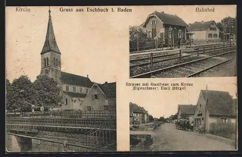 AK Eschbach i. Baden, Strasse mit Gasthaus zum Kreuz, Bahnhof, Kirche