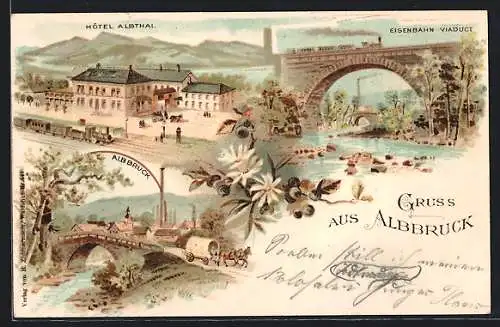 Lithographie Albbruck, Hôtel Albthal, Ortsansicht mit Pferdewagen, Eisenbahn Viaduct