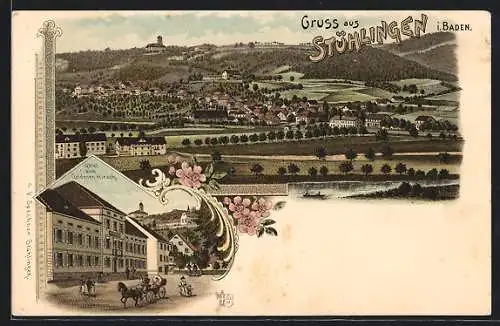 Lithographie Stühlingen, Hotel zum Goldenen Hirsch, Totalansicht