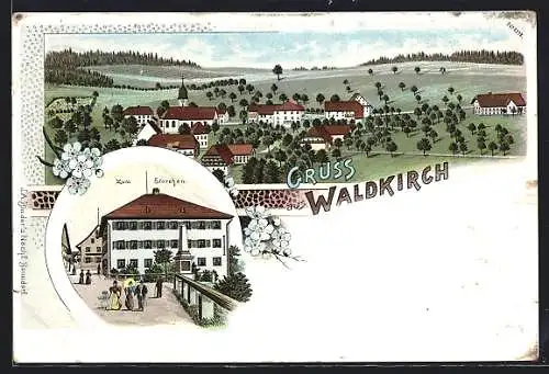Lithographie Waldkirch / Waldshut, Gasthaus zum Storchen, Ortsansicht