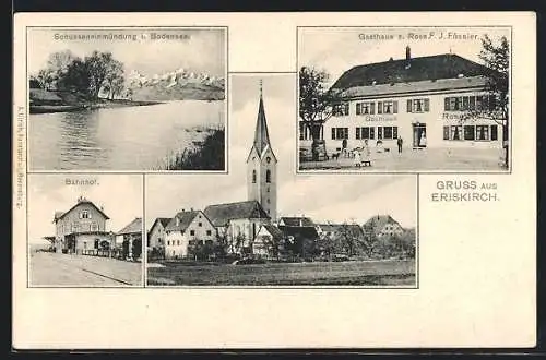 AK Eriskirch, Gasthaus z. Rose, Bahnhof, Schusseneinmündung i. Bodensee