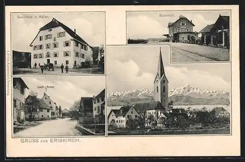 AK Eriskirch, Gasthaus z. Adler, Bahnhof, Ortsansicht mit Kirche