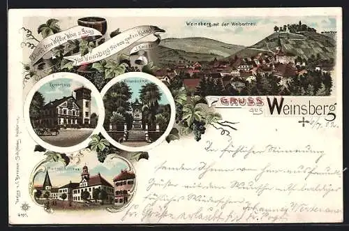 Lithographie Weinsberg, Kernerhaus, Kernerdenkmal, Markt und Rathaus