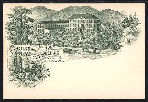 Lithographie Littenweiler, Gasthaus und Mineralbad an der Höllenthalbahn