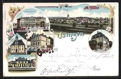 Lithographie Usingen, Lehrer Seminar, Landratsamt Kreishaus, Bahnhof