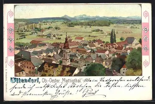 Lithographie Uttendorf /Ob.-Oester., Ortsansicht mit Kirchturm aus der Vogelschau