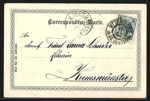 Lithographie Uttendorf /Ob.-Oester., Ortsansicht mit Kirchturm aus der Vogelschau