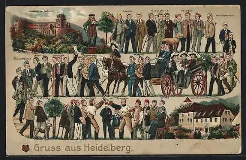 Lithographie Heidelberg, Gasthaus zur Hirschgasse, Schloss, Studenten Suevia, Arminia, Allemannia