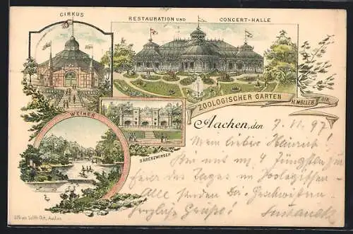 Lithographie Aachen, Restaurant und Concert-Halle im Zoologischen Garten, Bärenzwinger, Cirkus