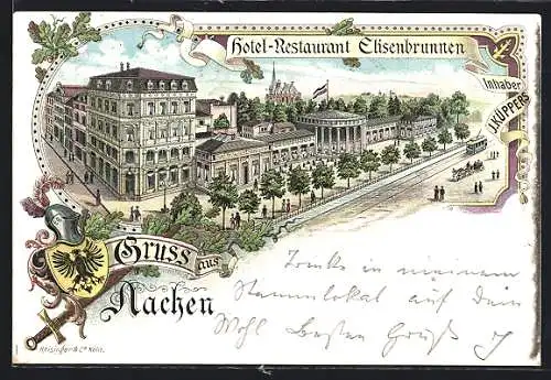 Lithographie Aachen, Hotel-Restaurant Elisenbrunnen, Strassenbahn