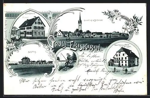 Lithographie Eriskirch a. B., Bahnhof, Gasthaus z. Anker, Gasthaus z. Adler v. J. Brugger