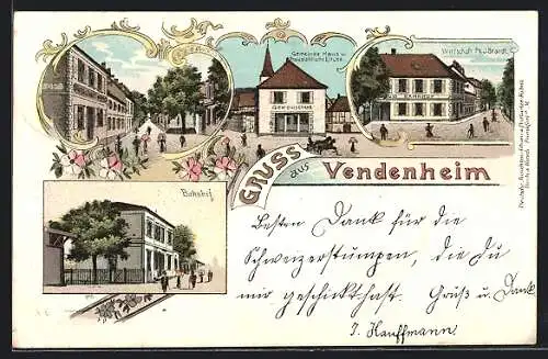 Lithographie Vendenheim, Bahnhof, Wirtschaft Ph. J. Brandt, Gemeindehaus u. Protestantische Kirche
