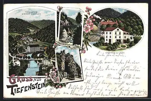 Lithographie Tiefenstein / Albbruck, Gasthaus zur Post, Ortsansicht mit Albtal