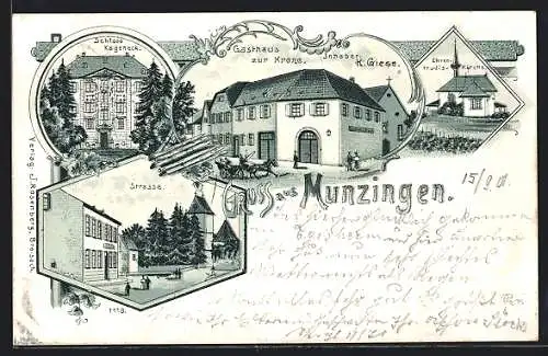 Lithographie Munzingen / Tuniberg, Gasthaus zur Krone, Inh. K. Giese, Schloss Kageneck, Ehrentrudis-Kirche