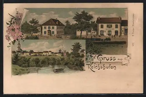 Lithographie Reichshofen, Bahnhof, Hotel Bellevue, Ortsansicht