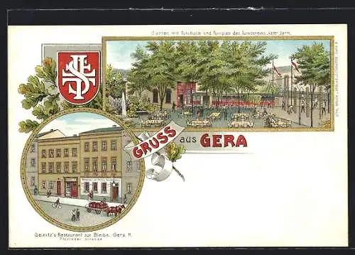 Lithographie Gera, Geinitzs Restaurant zur Bleibe, Pfortener Strasse, Garten mit Turnhalle des Vereins Vater Jahn