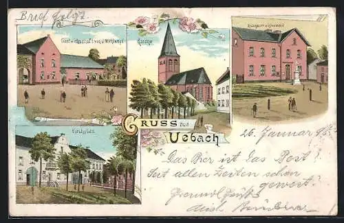 Lithographie Uebach, Gastwirtschaft v. J. Mehlkopf, Bürgermeisteramt, Kirche, Kirchplatz