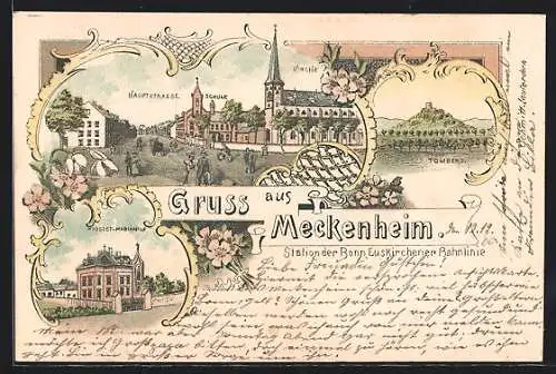 Lithographie Meckenheim / Rheinl., Kloster Mariahilf, Hauptstrasse, Schule, Kirche