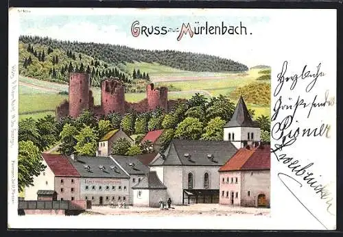 Lithographie Mürlenbach, Gasthaus Krumpen, Burgruine